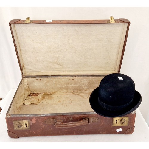 112 - Vintage box suitcase stencilled EY and Hepworth's bowler hat