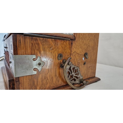 118 - Oak three bottle tantalus with carved decoration and metal mounts and fitted interior