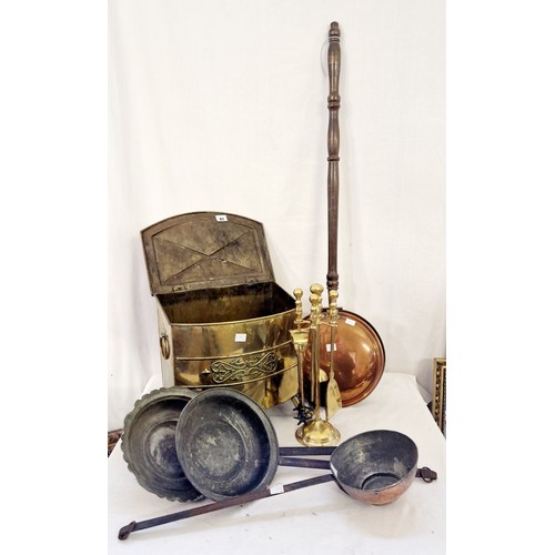 62 - Qty of copper and brass ware incl. fire companions, coal box and copper saucepans etc