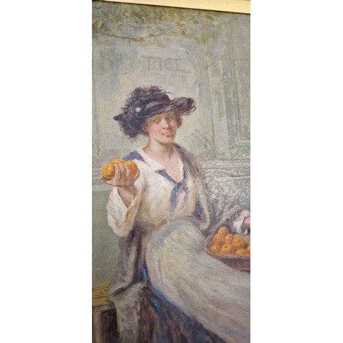 23 - Oil on canvas of a Victorian orange seller signed CG Hards lower right believed Charles G Hards 1883... 