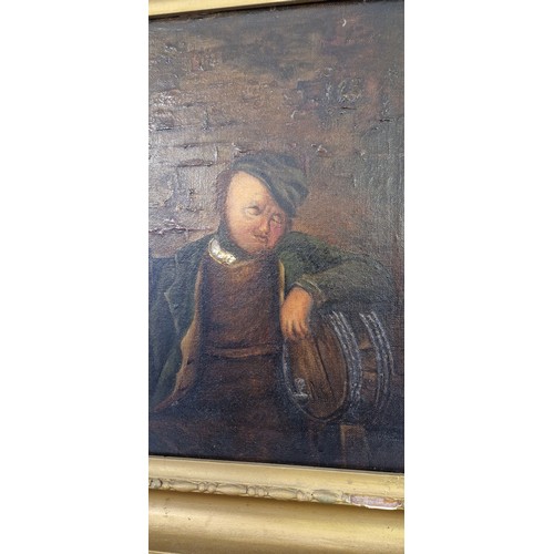 24 - Oil on canvas of a Victorian figure with a barrel in an interior approx. 27cm x 32cm