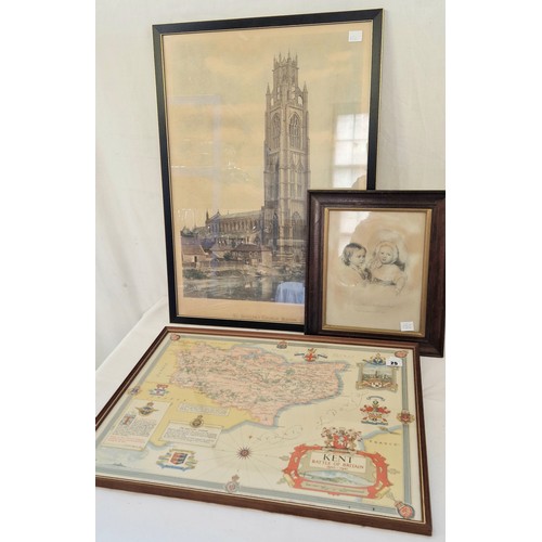 25 - 3 miscellaneous prints; St Botolph's, Boston, Kent map and 2 Victorian children