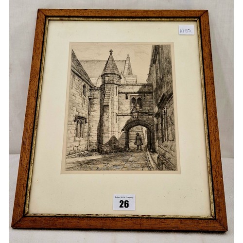 26 - Black and white print of an engraving of a medieval street scene