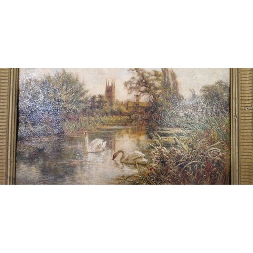 27 - Oil on board of swans on a lake by a church approx. 37cm x 26cm