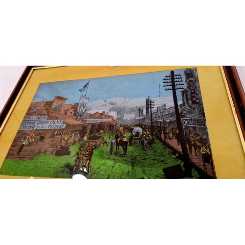 28 - Painting on glass of a Western street scene; A Rising City of the Far West