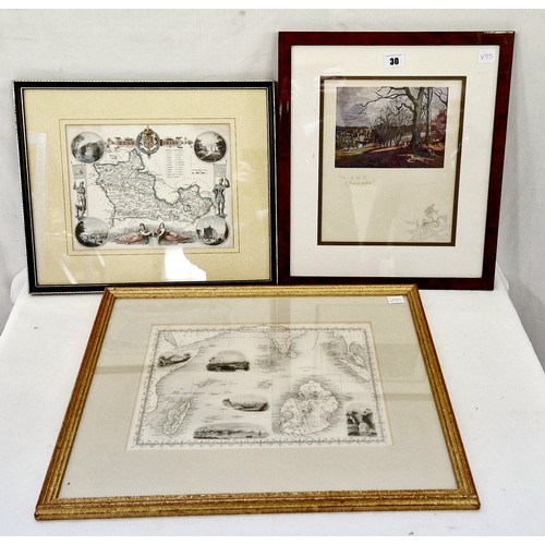 30 - 3 miscellaneous prints incl. a map of Island of the Indian ocean, Berkshire county map and colour Li... 