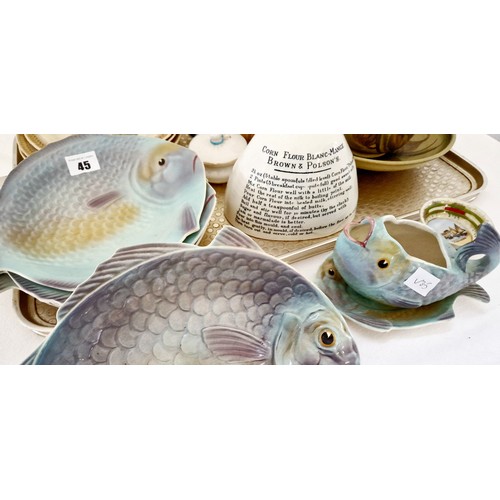45 - A Shorter & Son part fish service, Alvingham pottery and a Brown & Polson jelly mould