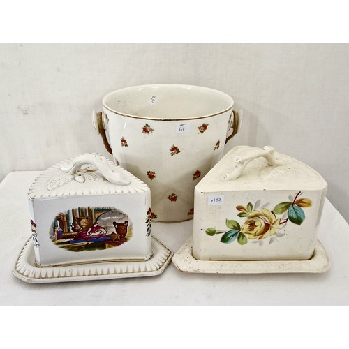 61 - Floral ceramic bucket and 2 Staffordshire large cheese dishes