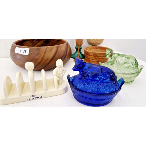 78 - A Lurpak ceramic toast rack, glass butter dishes and various treen ware