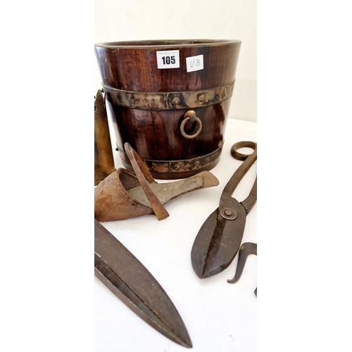 105 - Oak brass bound bucket with ivorine label RA Lister & Co Ltd, leather scissors, toasting forks etc