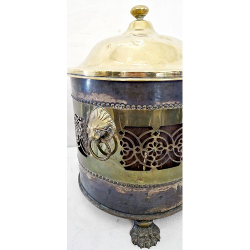 107 - Early 20th century cylindrical brass coal bucket with tin liner and pierced gallery