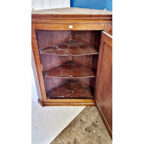 279 - 19th century oak wall mounted corner cupboard with fielded panel door and shaped inner shelves