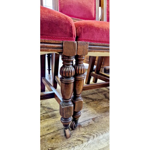 290 - A set of 4, early 20th century mahogany framed dining chairs with carved swan neck top rails on turn... 