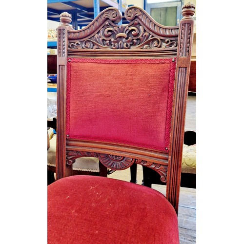 290 - A set of 4, early 20th century mahogany framed dining chairs with carved swan neck top rails on turn... 