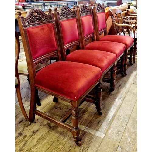 290 - A set of 4, early 20th century mahogany framed dining chairs with carved swan neck top rails on turn... 