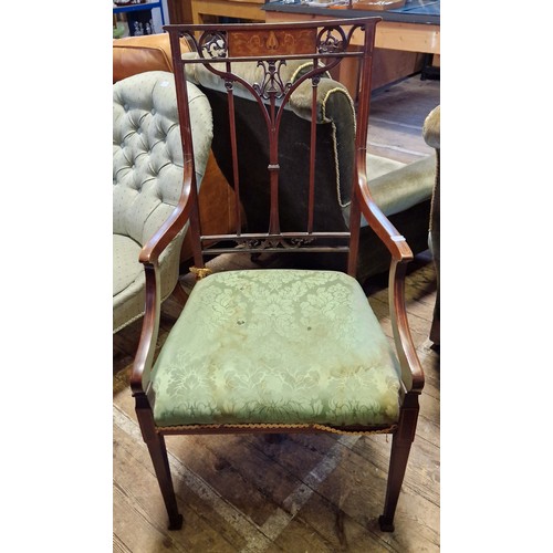 295 - 2 Edwardian framed mahogany elbow chairs with inlaid upholstery