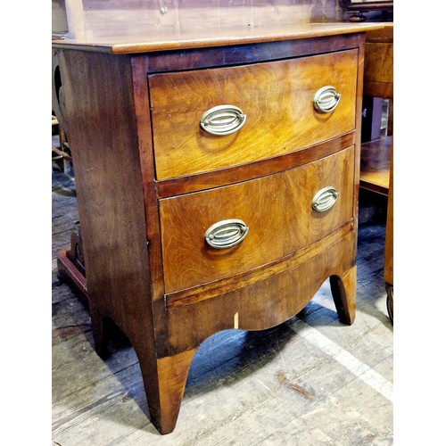 296 - Small mahogany bow fronted chest of 2 drawers with brass handles and shaped apron