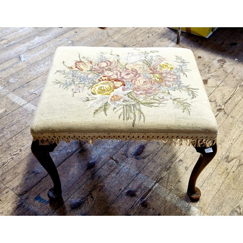 306 - Mid-century mahogany framed stool with floral tapestry seat on cabriole legs