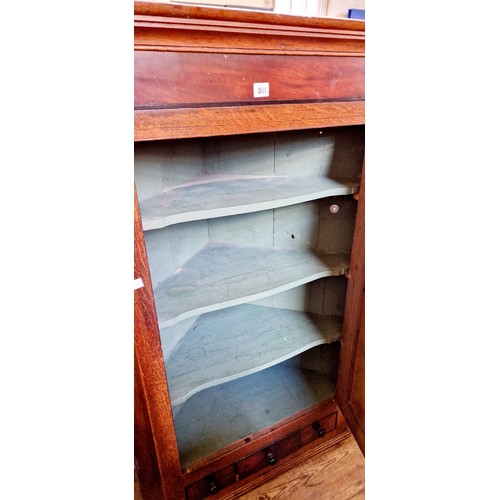 311 - Georgian oak wall mounted corner cupboard with shelves and relief panel door