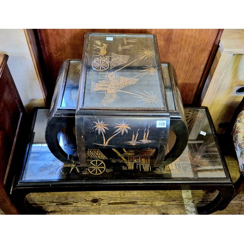 323 - 3 oriental hardwood carved occasional tables with glass inserts