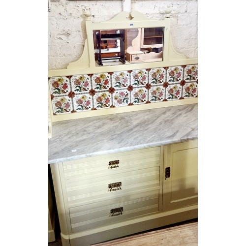 340 - Early 20th century painted washstand with mirrored and tiled back and marble top over a base of draw... 