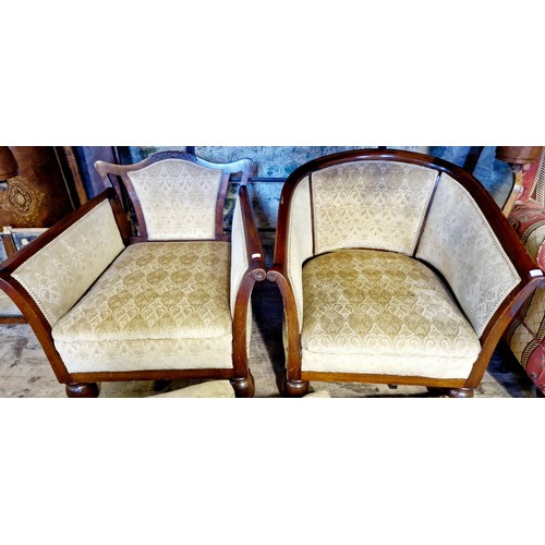 350 - Art Nouveau mahogany framed 3 piece suite comprising settee and 2 armchairs