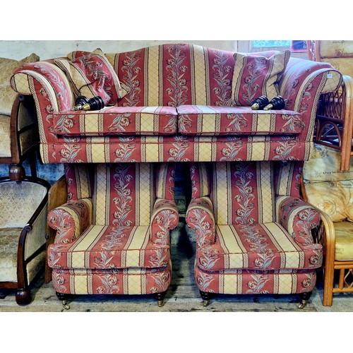 351 - Floral stripped 3 piece suite with mahogany feet and brass castors