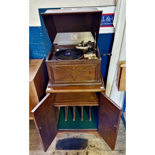 120 - HMV oak cased table top gramophone and record cabinet