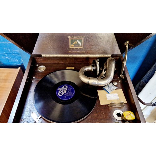 120 - HMV oak cased table top gramophone and record cabinet