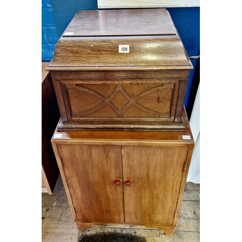 120 - HMV oak cased table top gramophone and record cabinet