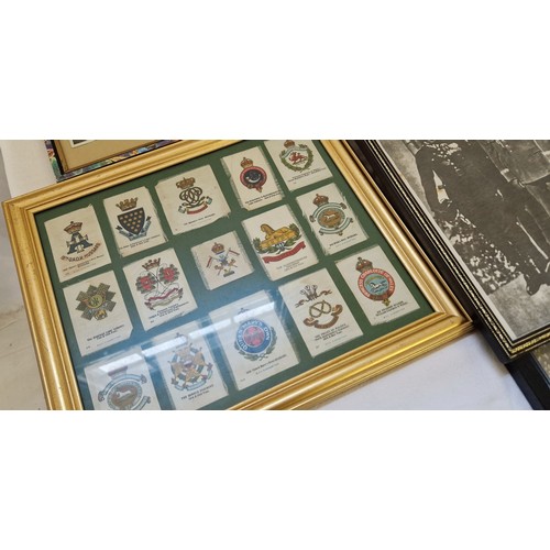 141 - Qty of framed military prints etc incl. British Naval cap bands, regimental silks etc