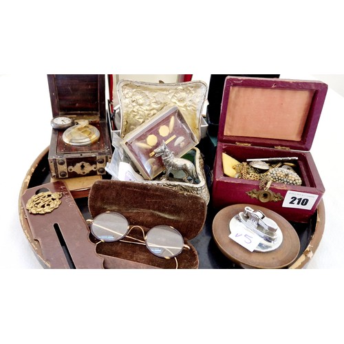 210 - Tray of collectors items incl. spectacles, wrist and pocket watches, military button polisher etc