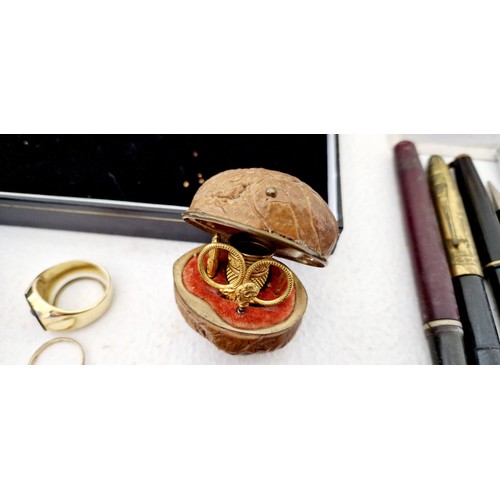 215 - Various collectors items incl. vintage fountain pens, echo harmonica, miniature sewing case formed f... 