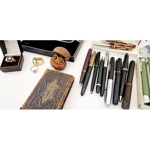 215 - Various collectors items incl. vintage fountain pens, echo harmonica, miniature sewing case formed f... 