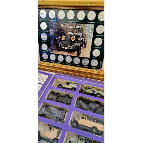 244A - Boxed Cameo D-Day model vehicles and framed historic car tokens