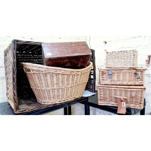 365 - Vintage pine tool box and various wicker boxes and hampers