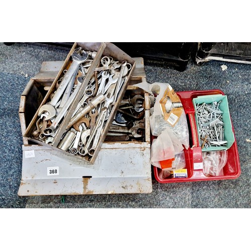 368 - Metal tool box, tools and spares