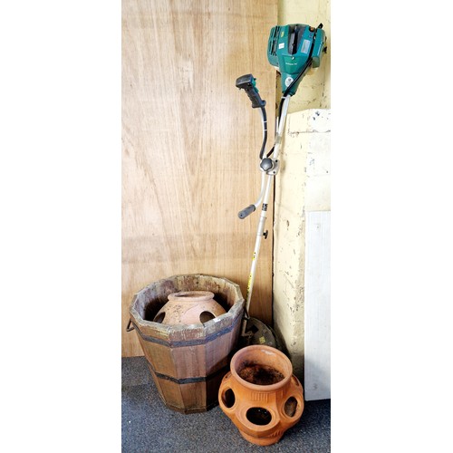 374A - Petrol strimmer, wooden planter and 2 terracotta herb planters