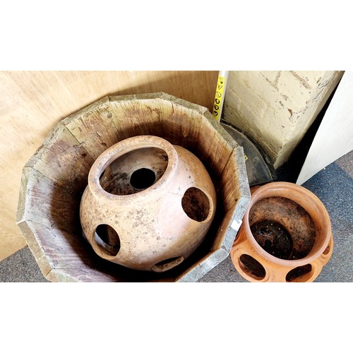 374A - Petrol strimmer, wooden planter and 2 terracotta herb planters