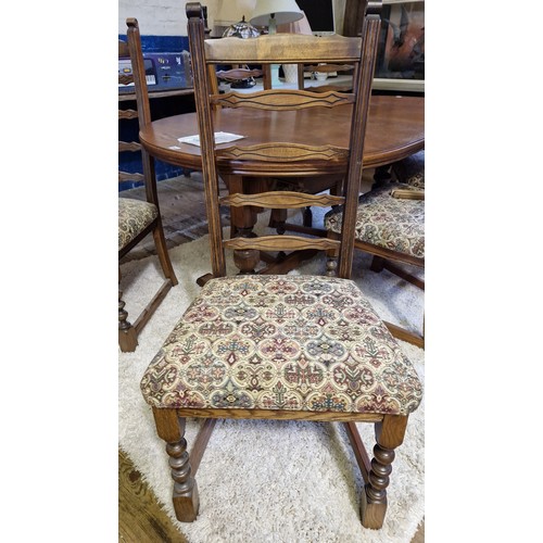 212 - Old Charm oak dining suite comprising D-ended extending table with 6 ladder back chairs with upholst... 