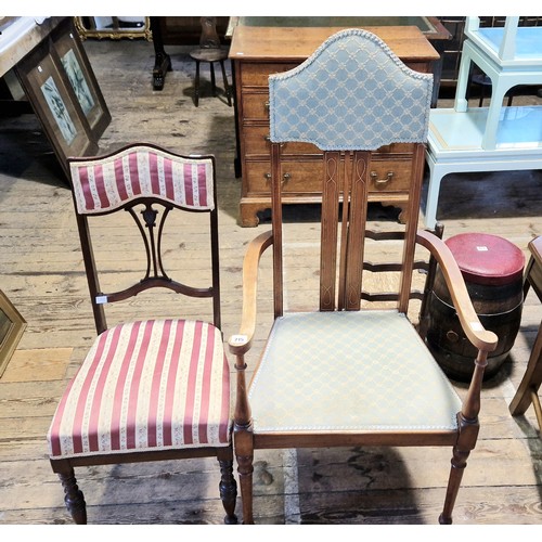 215 - Edwardian mahogany framed elbow chair with splat back, boxwood stringing and upholstery and an Edwar... 