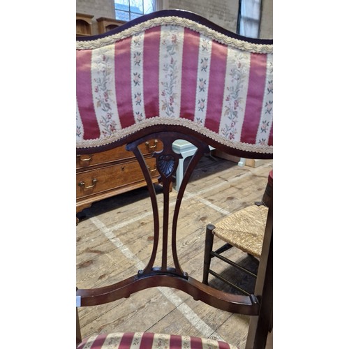 215 - Edwardian mahogany framed elbow chair with splat back, boxwood stringing and upholstery and an Edwar... 