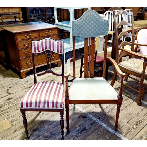 215 - Edwardian mahogany framed elbow chair with splat back, boxwood stringing and upholstery and an Edwar... 