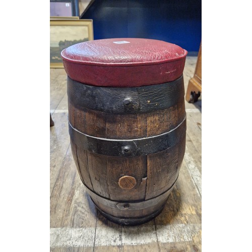 226 - Oak barrel stool with metal banding and pad seat