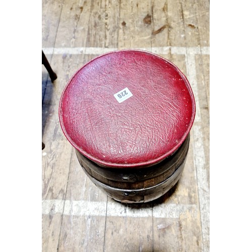 226 - Oak barrel stool with metal banding and pad seat