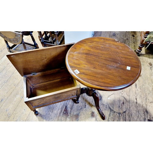 239 - Reproduction mahogany tripod table and utility wooden chest