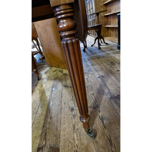 245 - Victorian mahogany Pembroke table with single drawer and corresponding dummy on turned and fluted le... 