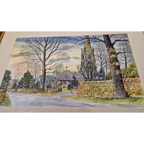 17 - Two watercolours, pen and ink of village church and farmyard, signed Garfield