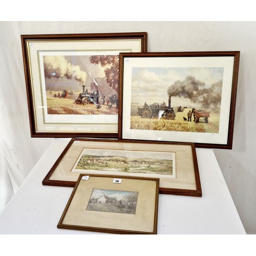 26 - Four various prints, watercolour including cottage scene signed Ponton, Lincolnshire Wolds near Horn... 