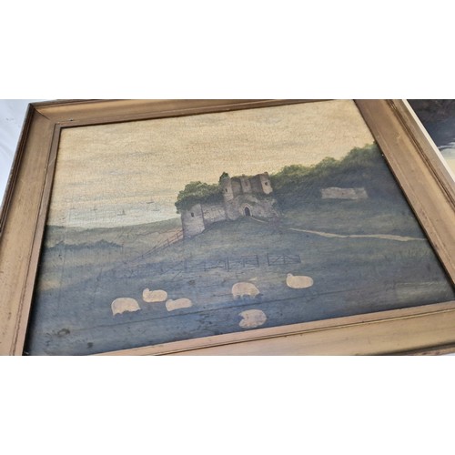 28 - Naive oil on canvas of a castle by the coast with sheep, oil of ducks on a pond and print of childre... 